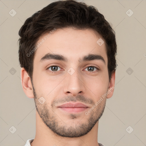 Neutral white young-adult male with short  brown hair and brown eyes