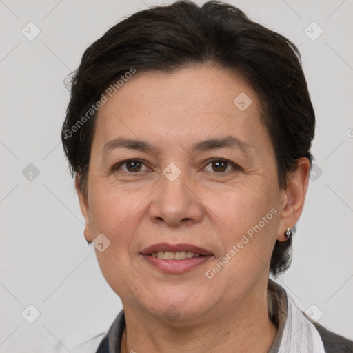 Joyful white adult female with short  brown hair and brown eyes