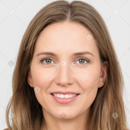 Joyful white young-adult female with long  brown hair and grey eyes