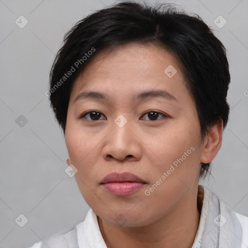 Joyful asian young-adult female with short  brown hair and brown eyes