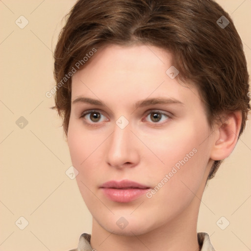 Neutral white young-adult female with short  brown hair and brown eyes