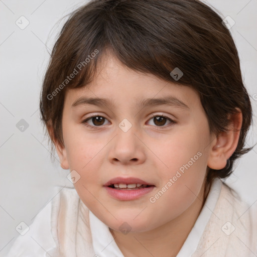 Joyful white child female with medium  brown hair and brown eyes