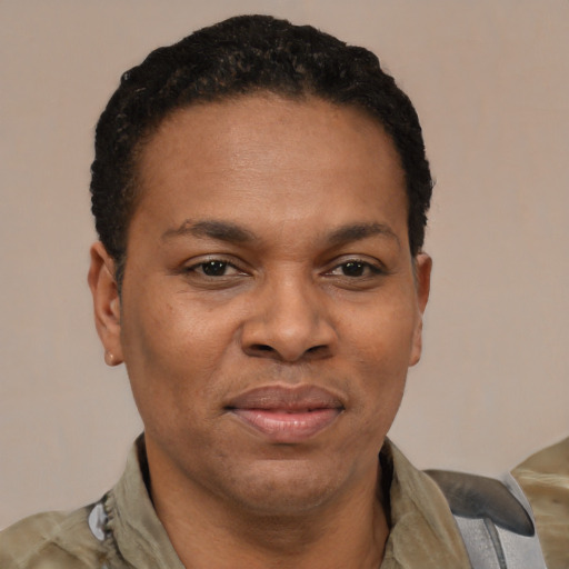 Joyful latino adult male with short  brown hair and brown eyes