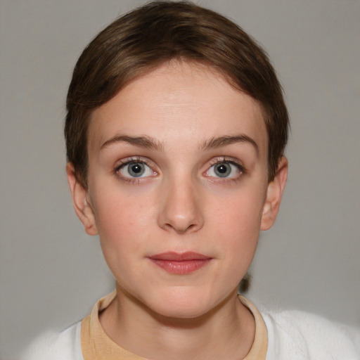 Neutral white young-adult female with medium  brown hair and blue eyes