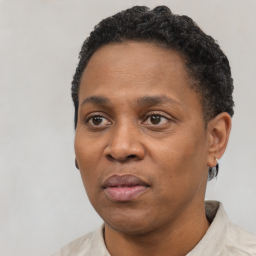 Joyful latino adult female with short  black hair and brown eyes