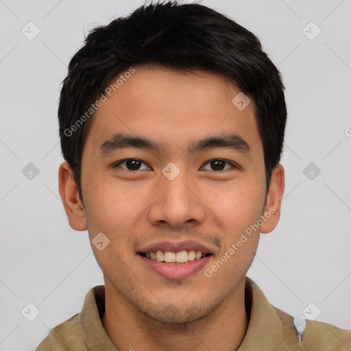 Joyful asian young-adult male with short  brown hair and brown eyes