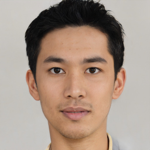 Neutral asian young-adult male with short  black hair and brown eyes