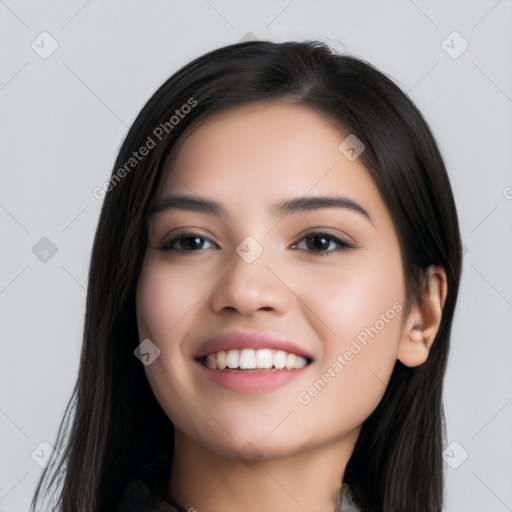 Joyful white young-adult female with long  black hair and brown eyes