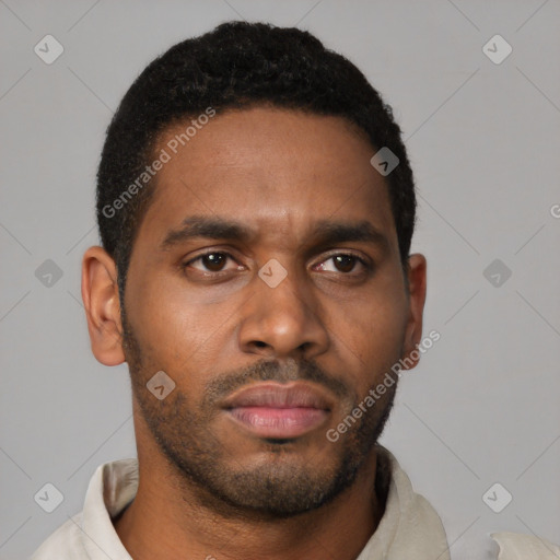 Neutral latino young-adult male with short  brown hair and brown eyes