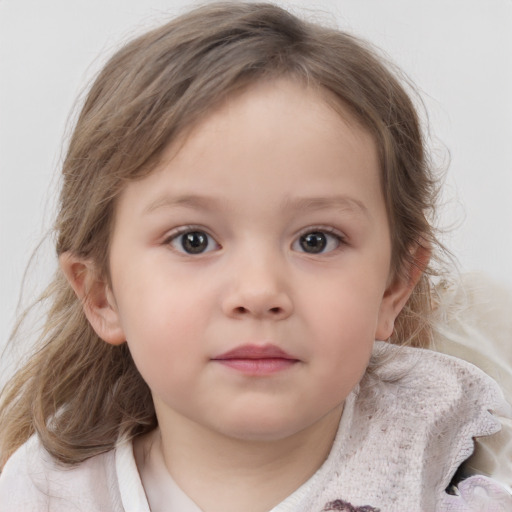 Neutral white child female with medium  brown hair and blue eyes