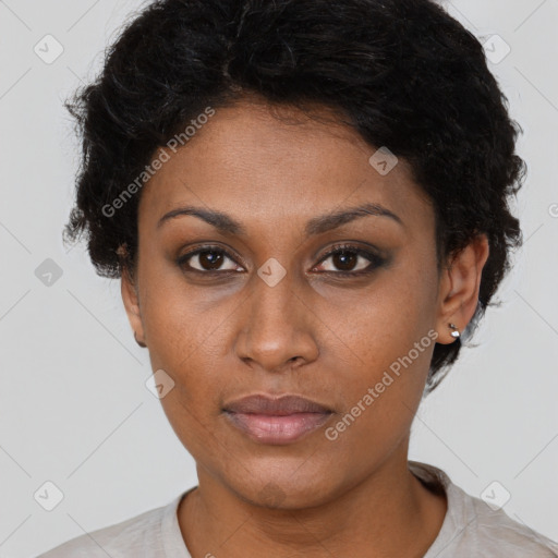 Neutral black young-adult female with short  brown hair and brown eyes