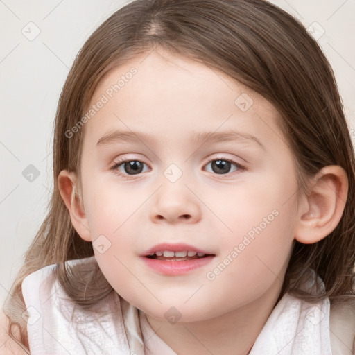 Joyful white child female with medium  brown hair and blue eyes