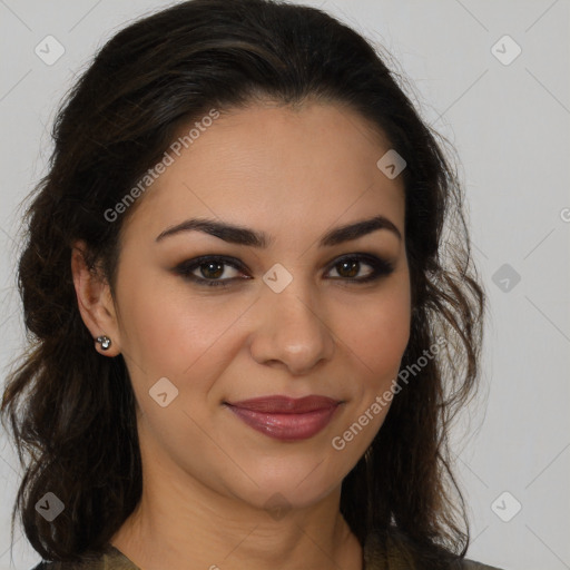 Joyful latino young-adult female with long  brown hair and brown eyes