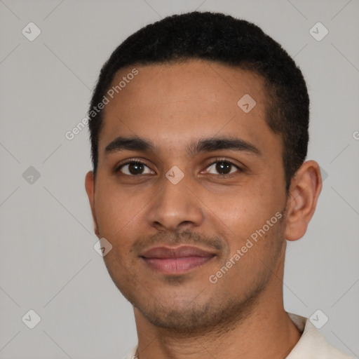 Neutral latino young-adult male with short  black hair and brown eyes