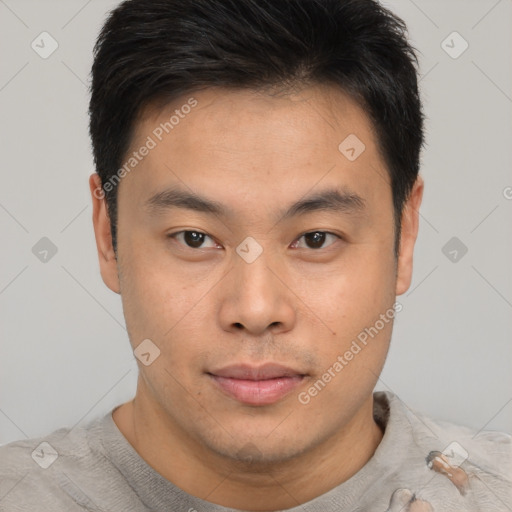 Neutral asian young-adult male with short  brown hair and brown eyes