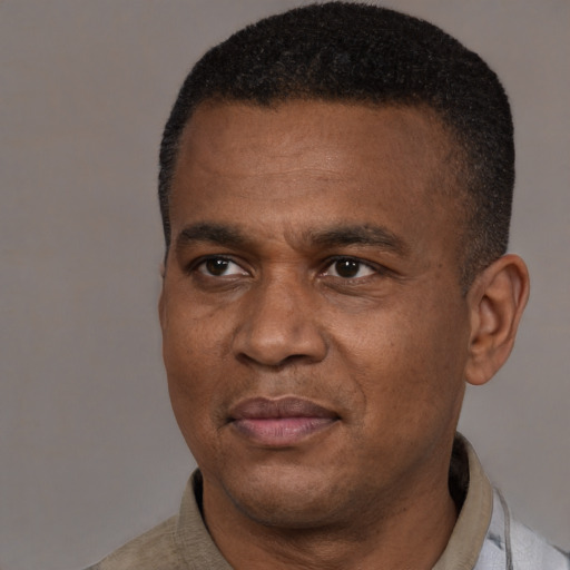 Joyful black adult male with short  black hair and brown eyes