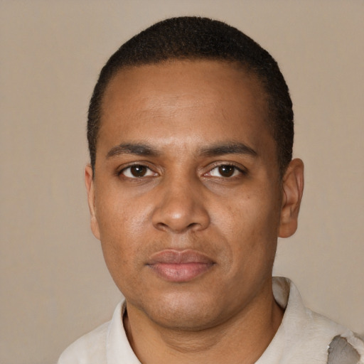 Neutral black young-adult male with short  black hair and brown eyes