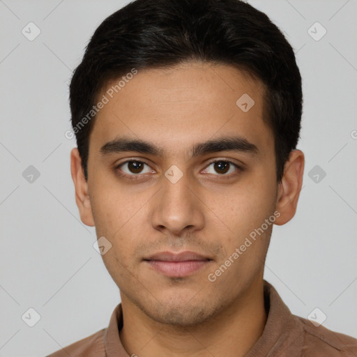 Neutral latino young-adult male with short  brown hair and brown eyes