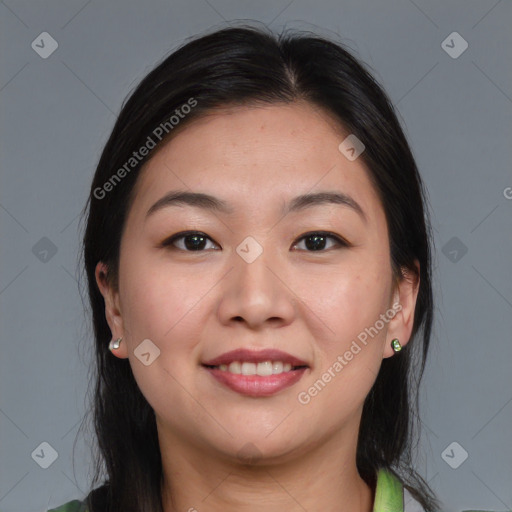 Joyful white young-adult female with medium  brown hair and brown eyes