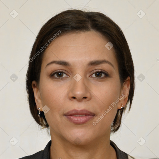 Joyful white young-adult female with medium  brown hair and brown eyes