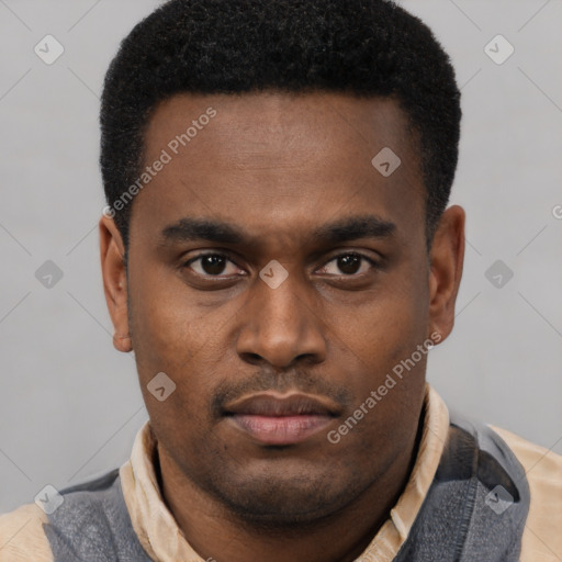 Neutral latino young-adult male with short  brown hair and brown eyes