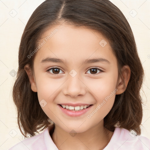 Joyful white child female with medium  brown hair and brown eyes