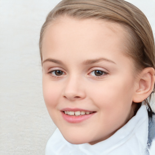 Joyful white child female with medium  brown hair and blue eyes