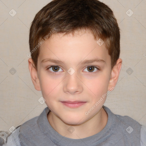 Joyful white child male with short  brown hair and brown eyes