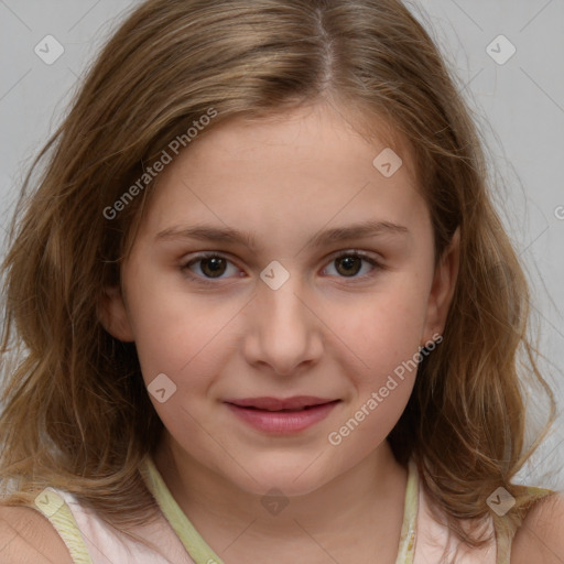 Joyful white child female with medium  brown hair and brown eyes