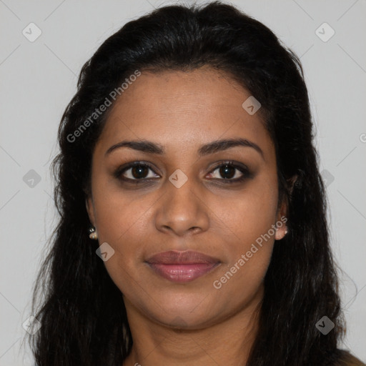 Joyful latino young-adult female with long  brown hair and brown eyes