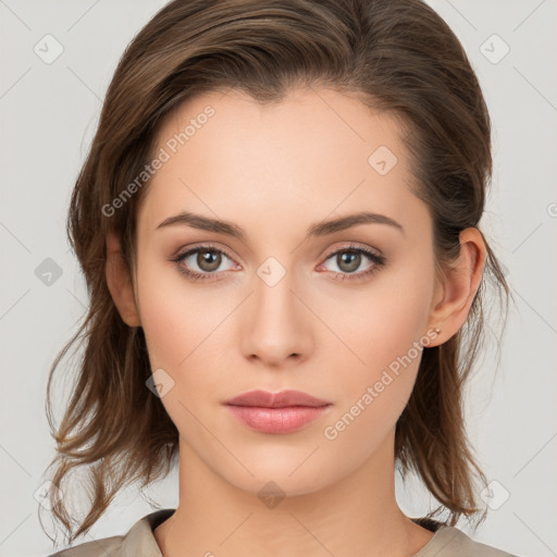 Neutral white young-adult female with medium  brown hair and brown eyes