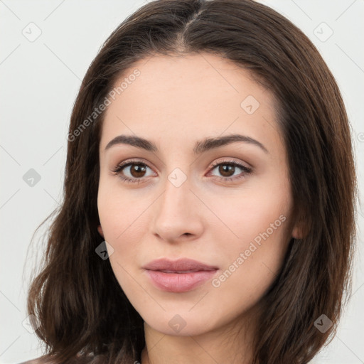 Neutral white young-adult female with long  brown hair and brown eyes