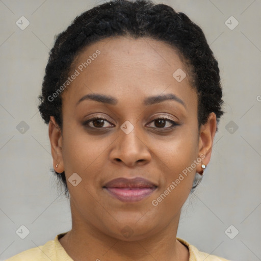 Joyful latino young-adult female with short  brown hair and brown eyes