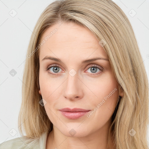 Neutral white young-adult female with long  brown hair and blue eyes