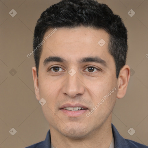 Joyful white young-adult male with short  black hair and brown eyes