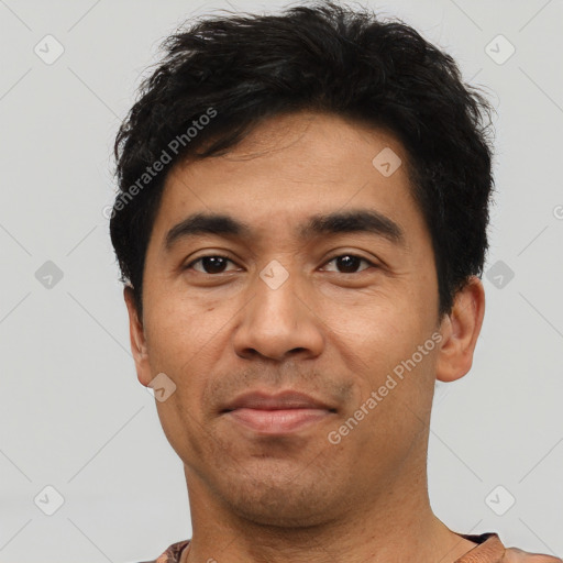 Neutral latino adult male with short  black hair and brown eyes