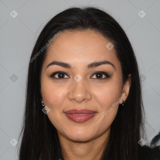 Joyful latino young-adult female with long  brown hair and brown eyes