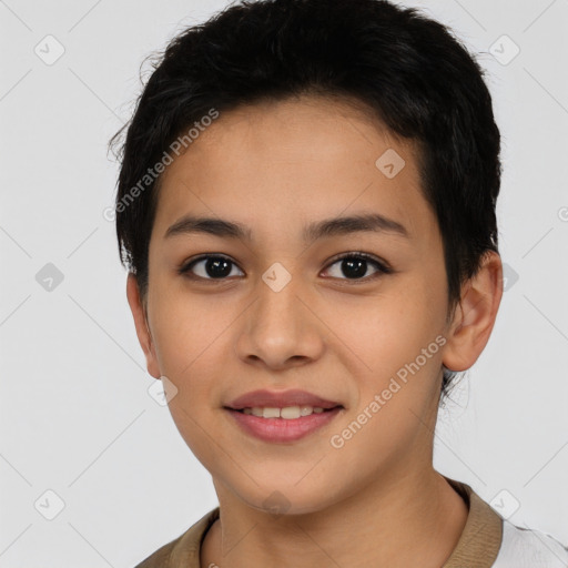 Joyful latino young-adult female with short  brown hair and brown eyes