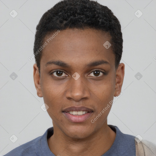 Joyful black young-adult male with short  brown hair and brown eyes