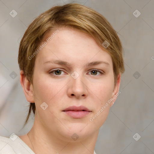 Neutral white young-adult female with short  brown hair and grey eyes