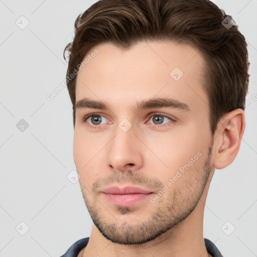 Neutral white young-adult male with short  brown hair and brown eyes