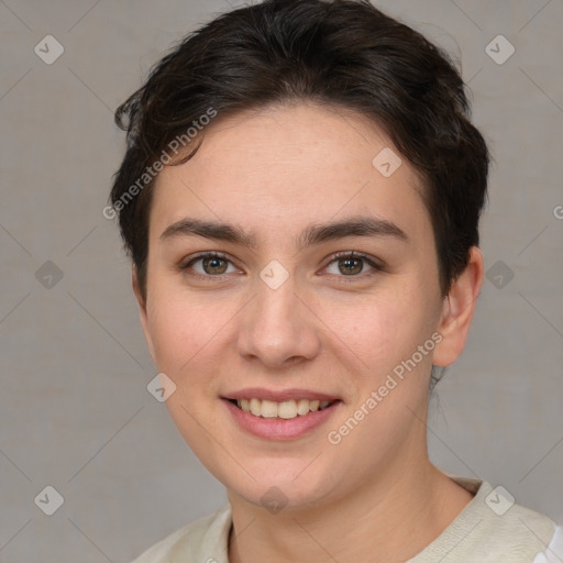 Joyful white young-adult female with short  brown hair and brown eyes