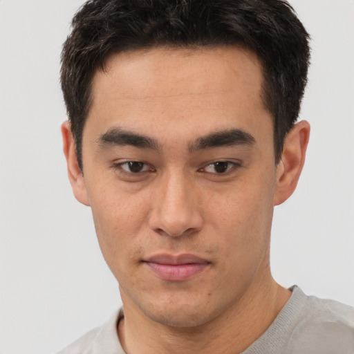 Neutral white young-adult male with short  black hair and brown eyes