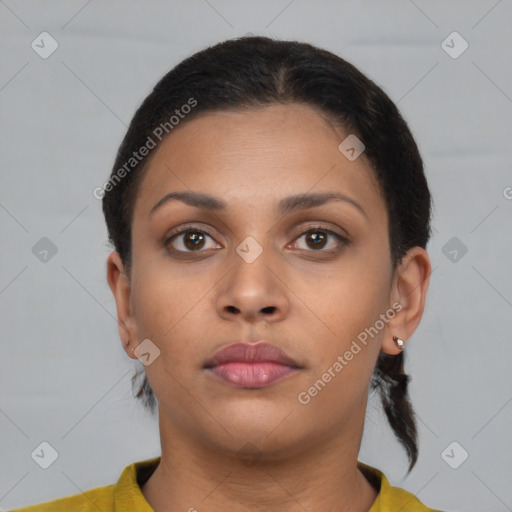 Neutral asian young-adult female with short  brown hair and brown eyes