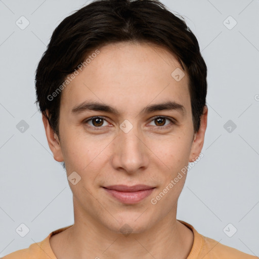 Joyful white young-adult female with short  brown hair and brown eyes