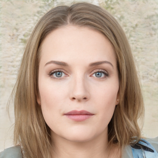 Neutral white young-adult female with medium  brown hair and blue eyes