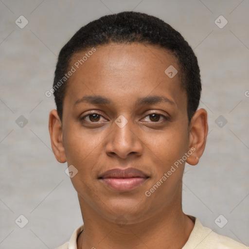 Joyful latino young-adult female with short  black hair and brown eyes