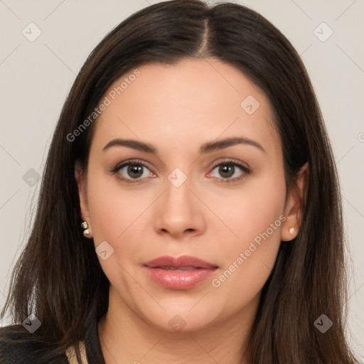 Neutral white young-adult female with long  brown hair and brown eyes