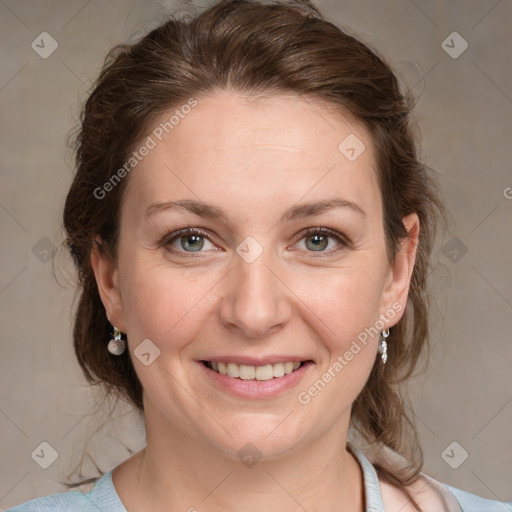 Joyful white young-adult female with medium  brown hair and blue eyes