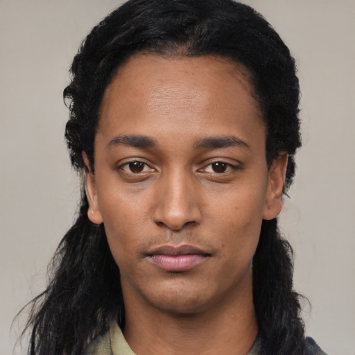 Neutral black young-adult male with short  black hair and brown eyes